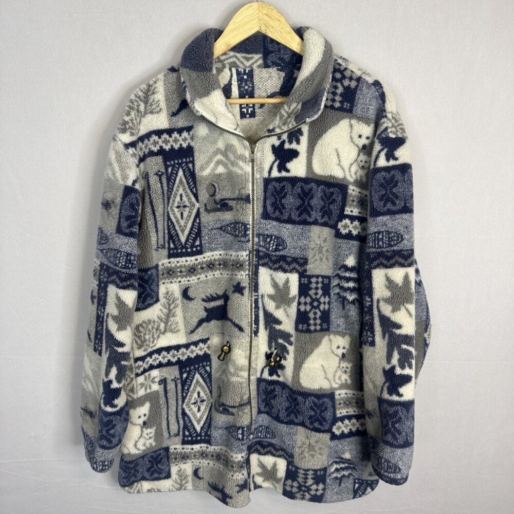 Vintage 90s Canadian Polar Bear Fleece Jacket Women XL Winter Animal‎ Print